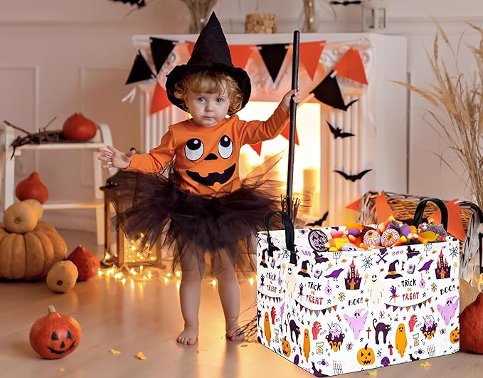 FUULOXE Halloween Gifts Empty Basket Boo Cube Organizer Bins Trick or Treat Spooky Basket Stuffers for Boyfriend Dual Handles for Closet Shelf