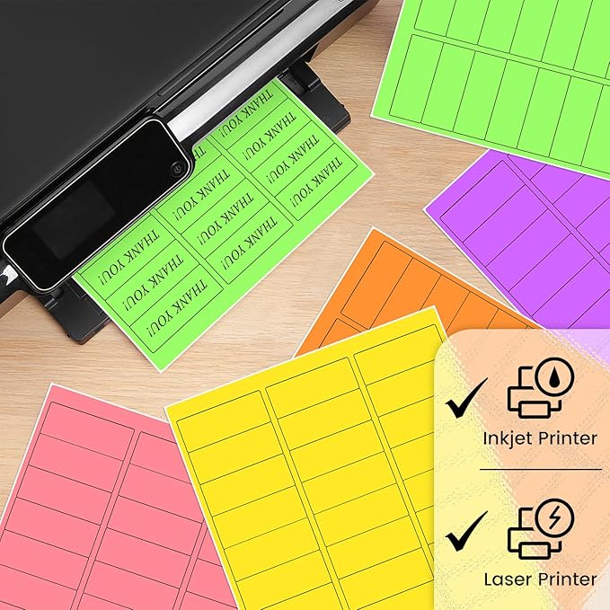 THEBLUETOUCH 1" x 2-5/8" Neon Labels – 750 pcs Printable Labels Stickers (30 per Sheet, 25 Sheets), 5 Assorted Bright Colored Stickers for Inkjet/Laser Printing