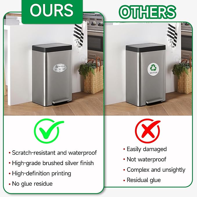 2PCS Recycle Stickers for Trash Bins, Self-Adhesive Waterproof Brushed Silver Trash and Recycling Stickers for Trash Can, Kitchen, Office, Garbage Bin Indoor, Outdoor Use 5.5x3.2IN