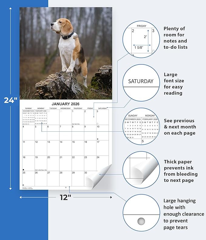 2026 Beagles Monthly Wall Calendar | Cute Dog Calendar September 2025 - December 2026