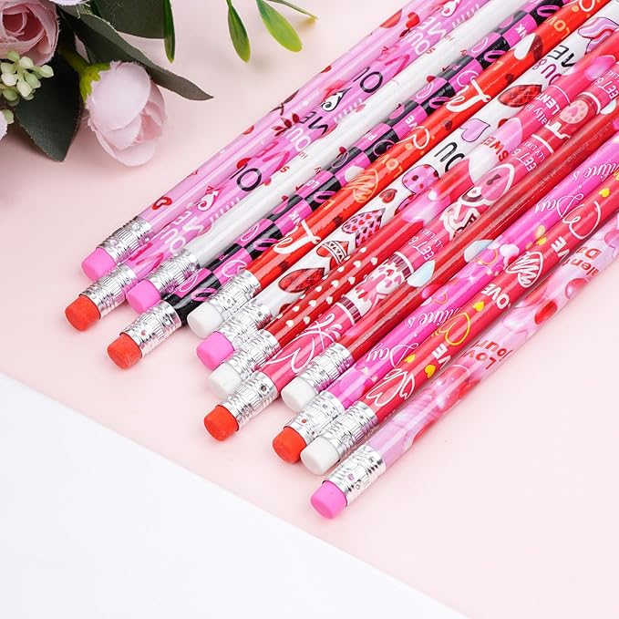 Rbenxia 48PCS Valentines Day Wooden Pencils with Erasers, Valentine's Exchange Gifts for Goodie Bags Fillers, Assortment Novelty Pencils Awards Incentives for Giveaways Favor (Valentine's Day)