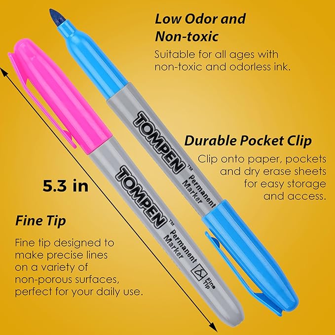 TOMPEN Permanent Markers Fine Tip 100 Pack Bulk,10 Assorted Colors,Waterproof Permanent Marker with Quick Drying on Valentine's Day card,Wood,Plastic,Paper,Metal,Mirror for Office School Classroom