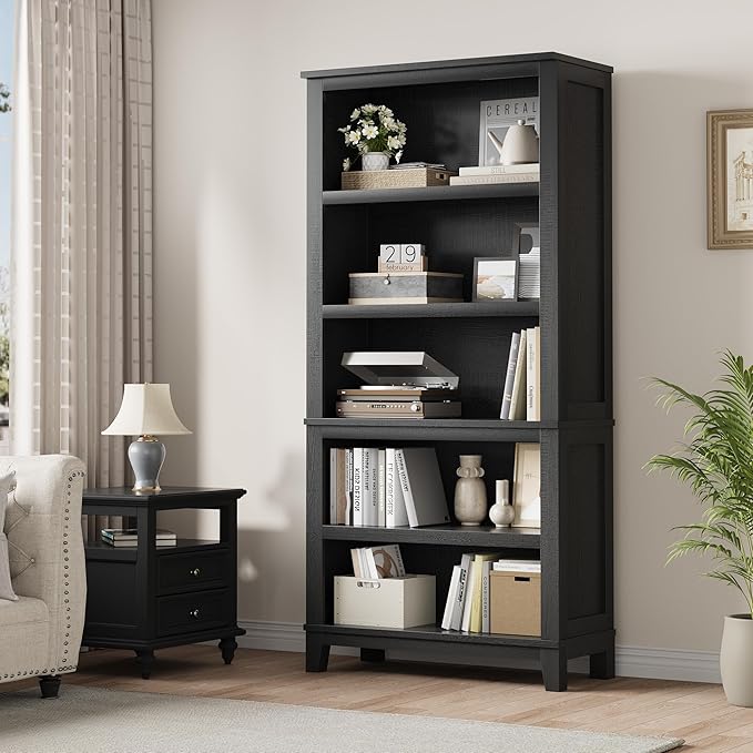 IDEALHOUSE 71" Farmhouse Bookshelf w/Adjustable Shelves & 31.5 in Whidth, 5 Tier Tall Bookshelf with Wooden Legs, Vintage Wooedn Book Shelf for Living Room Office (Black, 71.3" H x 31.5" W x 11.8" D)