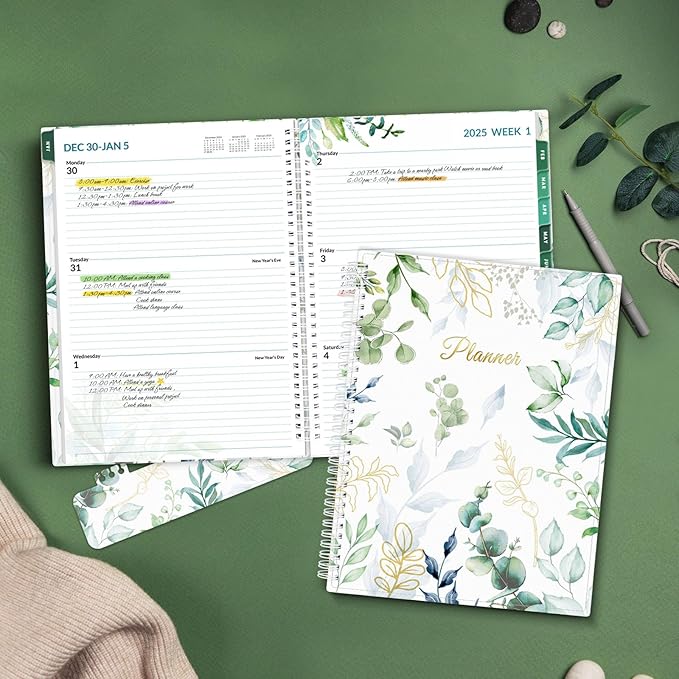 SUNEE 2026 Weekly and Monthly Planner - from January 2026 - December 2026, Daily Agenda Planner with Monthly Tab, Flexible Cover, Note Pages, Pockets, Bookmark, Spiral Binding, Eucalyptus, 8.5"x11"