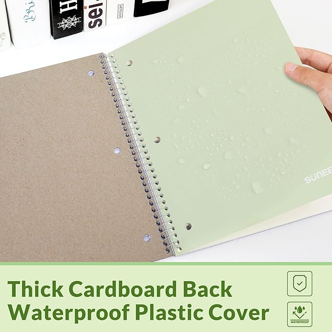 SUNEE Spiral Notebook, 1-Subject, College Ruled Paper, 8" x 10-1/2", 100 Sheets per Notebook, 3-Hole Punched Paper, Water Resistant Cover, Double-sided Pockets, Spiral Lined Notebooks for Work, Green
