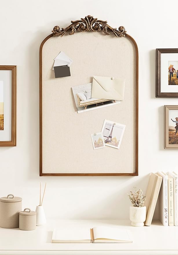 Kate and Laurel Arendahl Arch Pinboard; Gold; 19 x 31; Framed Arched Ornate Vintage Pinboard for Unique Display; Organization; and Decor Options