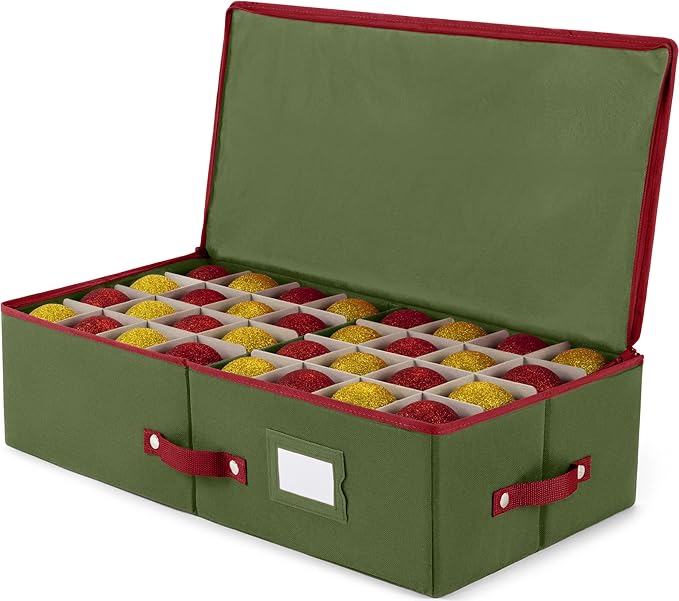 ZOBER Underbed Christmas Ornament Storage Box - Stores 64 3" Ornaments, With Dividers - Tear Proof 600D Oxford Fabric, Ornament Organizer Storage Box, Durable Christmas Containers Holder - Green