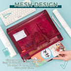 Pendancy Mesh Zipper Pouch A4 Size, Large Double Pocket Lightweight Nylon Transparent File Bag with Handle, 11x13.8 in Foldable Document Storage for Puzzle Project/Cross Stitch/Travel/Office (Red)