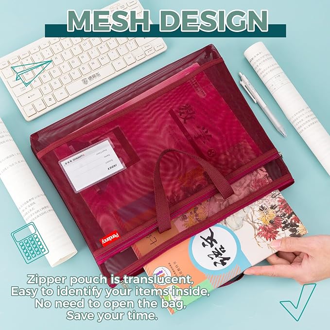Pendancy Mesh Zipper Pouch A4 Size, Large Double Pocket Lightweight Nylon Transparent File Bag with Handle, 11x13.8 in Foldable Document Storage for Puzzle Project/Cross Stitch/Travel/Office (Red)
