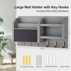 Lwenki Mail and Key Holder – Wall Mount Key Hanger with Shelf and 7 Metal Hooks – Decorative Natural Paulownia Wood Entryway Organizer with Mounting Hardware (16.5”W x 8.7”H x 3.5”D) (Gray)