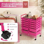 Happygrill 12-Drawer Rolling Storage Cart, Multipurpose Storage Cart W/Lockable Wheels, 2 Sizes Plastic Drawers & Metal Shelf, Mobile Utility Cart for Home Office School (Hot Pink)