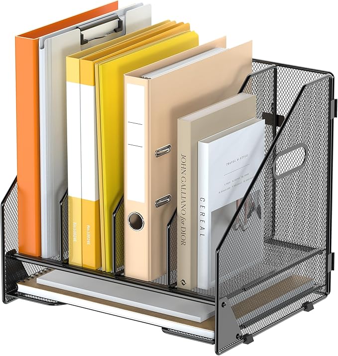 OrgMate Desk File Folder Holder Organizer-4 Vertical Compartments Racks and Paper Letter Tray,Mesh Magazine File Holder Sorter,Desktop Accessories & Workspace Organizers for Home,Office,School-Black