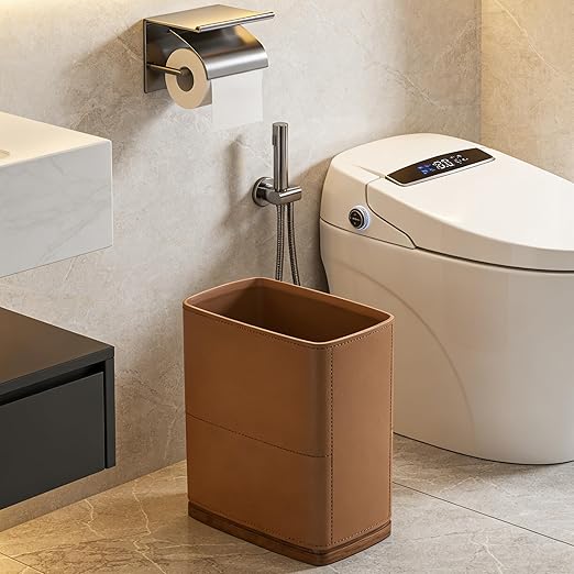 Polytree Bathroom Trash Can 1.8 Gallon(7 Liter) Small Kitchen Garbage Can,Decor Wastebasket for Bedroom Office,Brown （Resin-Imitated Leather Effect）