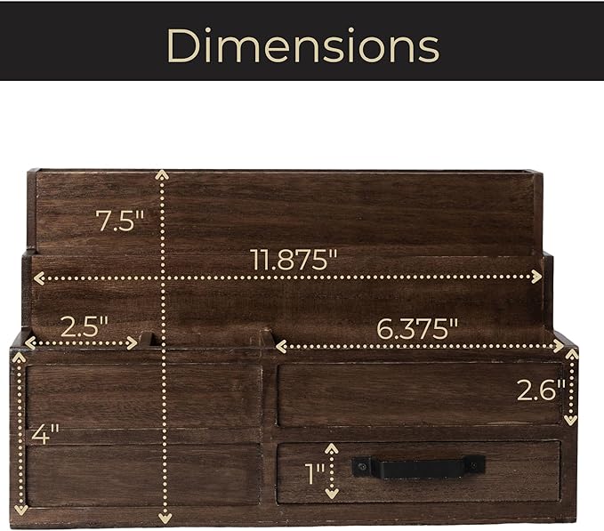 BLU MONACO | Wooden Mail Organizer with Drawer and Pen Holder | Mail Sorter Organizer Countertop for Desk or Kitchen | Outgoing Mail Holder Wood Desktop Storage