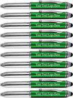 Promotional Pens with your Personalized Text or Custom Business Logo- Bulk 150 Pack- for Marketing, Parties, and Events, 3 in 1 LED Flashlight + Ballpoint Pen + Stylus for Touchscreen Devices, Green