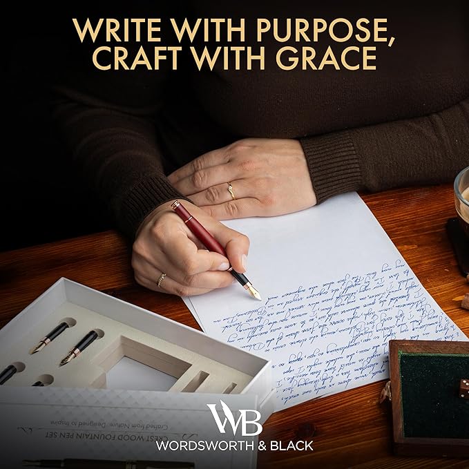 Wordsworth & Black Fountain Pen Gift Set, Includes Ink Bottle, 6 Ink Cartridges,Refill Converter, 4 Replacement Nibs, Luxury Bamboo, Journaling, Calligraphy, Smooth Writing Pens [Violet Wood]