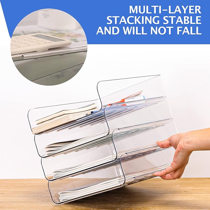 CiWiVOKi Set of 4 Office Organization and Storage, Clear PET Letter Tray Desk Organizer, Stackable Paper Tray Organizer for Desk Accessories, Notes, Pens, File Paper, Document