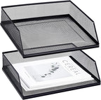 Hicarer 2 Pcs Black Metal Letter Tray Stackable Desk Tray Single Wire Mesh Organizer Front Load File Paper Holder for Desktop Office Home School Classroom (9.84 x 12.8 Inch)
