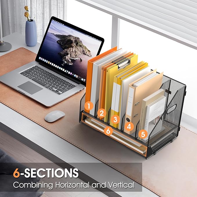 OrgMate Desk File Folder Holder Organizer-5 Vertical Compartments Racks and Paper Letter Tray,Mesh Magazine File Holder Sorter,Desktop Accessories & Workspace Organizers for Home,Office,School-Black