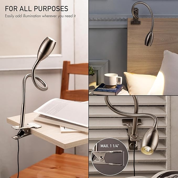 O'Bright Lumos - Versatile Clip-on Lamp: Zoomable Spotlight, Dimmable LED, Flexible Gooseneck, 4000K Light, 100% Metal Clamp - Ideal for Reading, Crafting, Work, and Headboards, Brushed Nickel