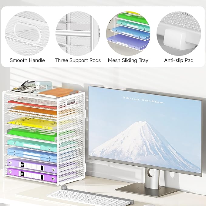 Cawukege 9 Tier Paper Organizer with Handle, Large Capacity Desk Organizer Mesh File Folder Letter Paper Tray Desktop Document Sorter for Classroom, School, and Office Accessories Organization- White