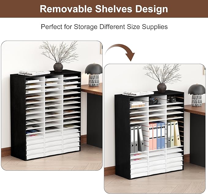EasyPAG Wooden Literature Organizer with Adjustable Shelves, 48 Compartments Office Paper Organizer Storage 24000 Sheets Letter Size Paper, Student Mailbox for Classroom, Black/White
