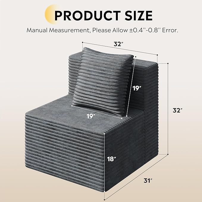 WLIVE 32'' Boneless Couch for Living Room, Modular Sectional Sofa, Cloud Memory Foam Couch L Shape with Chaise, Grey