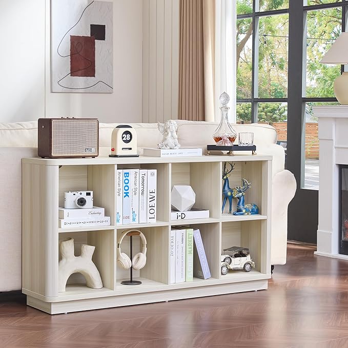 Joaxswe 8 Cube Storage Bookcase, 52" Long Horizontal Book Shelf w/Curved Edge, Wood Low 2-Tier Cubby Console Bookshelf with Base, Modern Floor Standing TV Stand for Living Room, Grey-White Cream Oak
