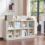Joaxswe 8 Cube Storage Bookcase, 52" Long Horizontal Book Shelf w/Curved Edge, Wood Low 2-Tier Cubby Console Bookshelf with Base, Modern Floor Standing TV Stand for Living Room, Grey-White Cream Oak