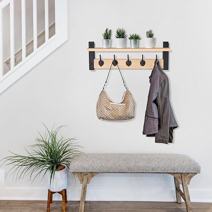 Sorbus Coat Hooks Wall Mount with Shelf – 24 Inch Coat Rack Wall Mount with 5 Heavy Duty Hooks – Floating Wall Shelf with Hooks for Entryway, Bathroom, Bedroom, Kitchen, or Mudroom (Maple Wood)