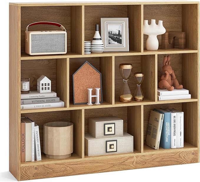 Tangkula 10-Cube Bookshelf, 47.5”L Floor Bookcase with 2 Anti-Tipping Kits, Freestanding Storage Organizer, 4-Tier Display Shelf for Home, Office & Dorms, Natural/White (Natural, 10-Cube)