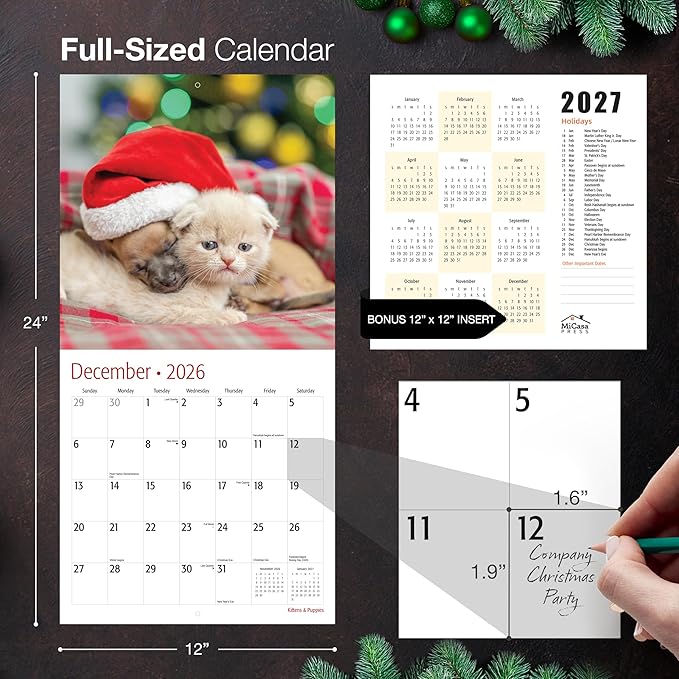 MICASA PRESS Kittens & Puppies | 2026 Wall Calendar 12 Month | 12” x 24” Open | Thick & Sturdy Paper | Holiday Gift | Cute Pet Kitten Puppy Dog Cat Calendar 2026