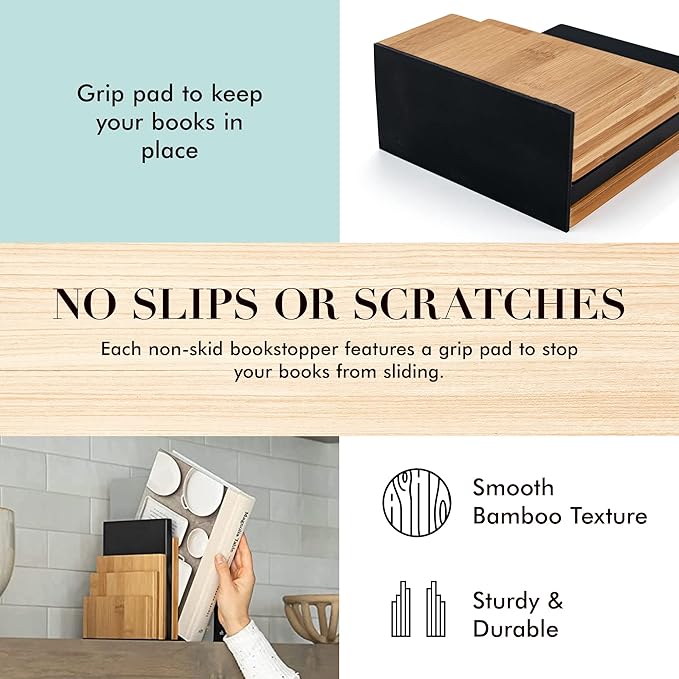 JUSK DESIGN Bamboo Book End/Book Organizer - Non-Skid Decorative Bookends for Office and Home - Book Holders for Shelves - Substantial Weight - Holds Heavy Books