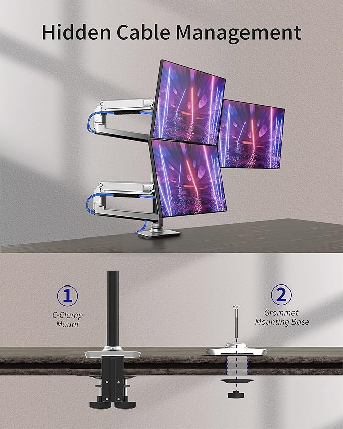 Ergounion Triple Monitor Mount, Holds Screens up to 40 Inches and 25 lbs, Fully Adjustable 3 Monitor Desk Mount with C-Clamp and Grommet Base, Aluminum, Silver