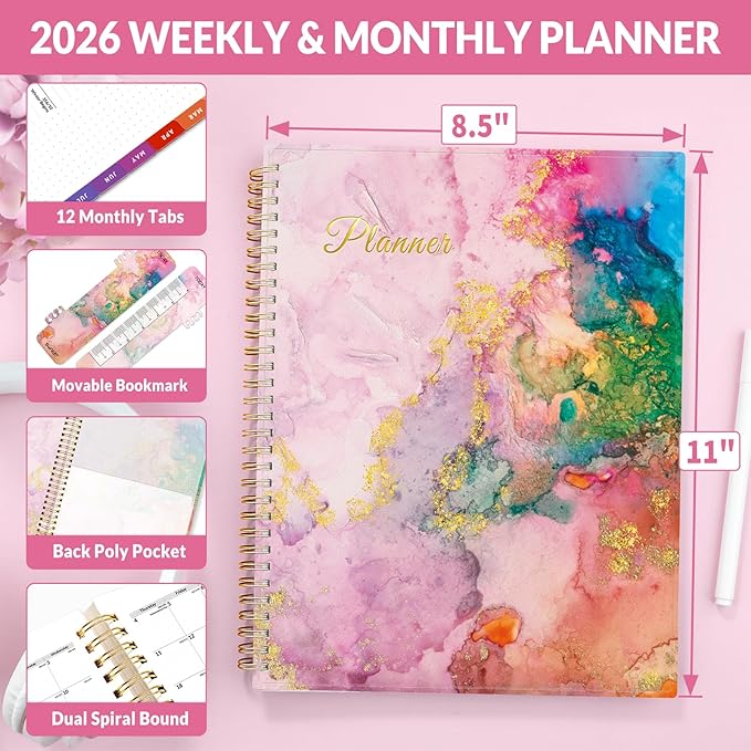 SUNEE 2026 Weekly and Monthly Planner - from January 2026 - December 2026, Daily Agenda Planner with Monthly Tab, Flexible Cover, Note Pages, Pockets, Bookmark, Spiral Binding, Pink Marble, 8.5"x11"