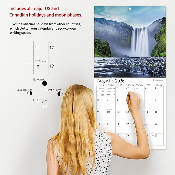 2026 Wall Calendar,Calendar 2026, November 2025 - December 2026, Wall Calendar Waterfall, 12" x 24" Opened,Full Page Months Thick & Sturdy Paper for Calendar Organizing & Planning