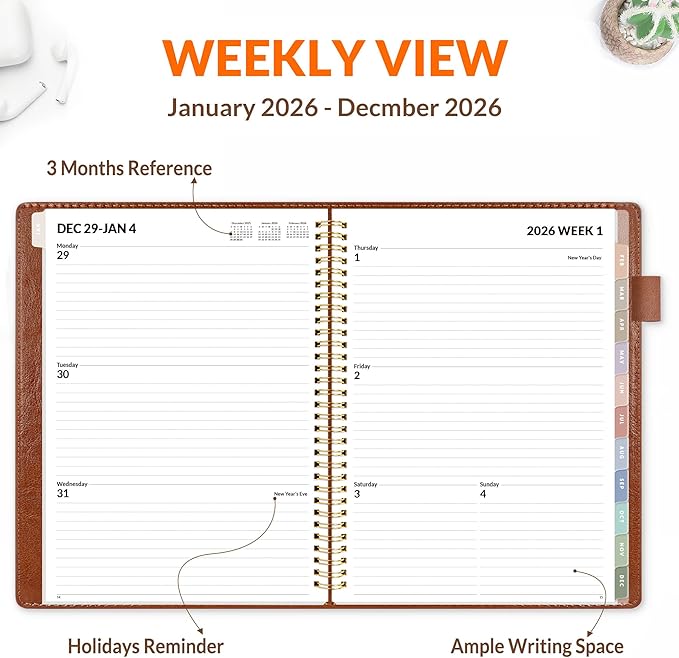SUNEE 2026 Planner, Weekly and Monthly Calendar Planner 9"x11.2"- 12 Month (January 2026 - December 2026), Vegan Leather Cover, Pocket, Bookmark, Notes, Monthly Tab, Brown