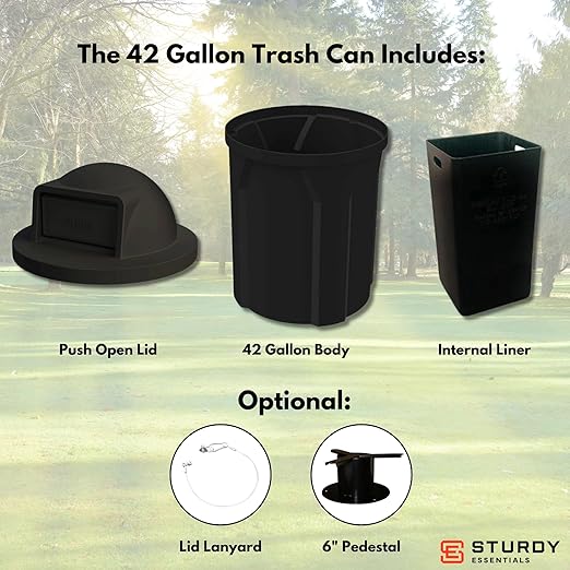Campus Collection 42 Gallon Circle 100% Recycled Plastic Heavy Duty Indoor or Outdoor Commercial Trash Can with Push Open Dome Lid and Internal Liner - Great for Schools and Businesses - Black