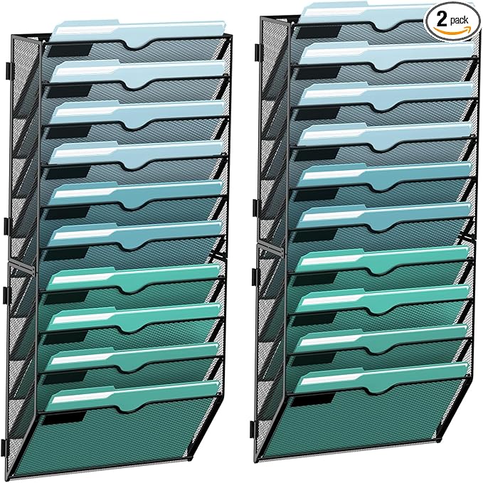 SUPEASY 10-Tier Wall File Organizer, Hanging Wall Files for Papers, Folders, Magazines, Wall Organizer for Clipboard, Assembly Needed, Black, 2 Pack
