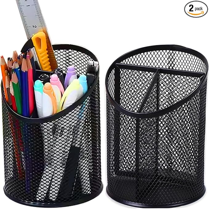 MINDEPOT 2 Pack Mesh Pencil Holder Pen Cup for Desk Round Black Pen Holder Desktop Pen Organizer 3 Compartments Pencil Organizer Desk Organizer for Office Home School