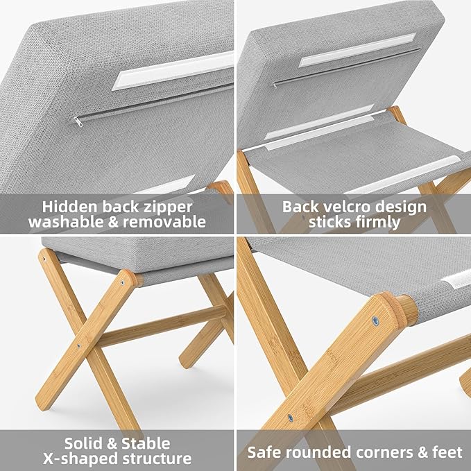 BAMBOOHOMIE Foldable Foot Stool Ottoman, Modern Foot Rest with Bamboo X Legs & Thick Foam Cushion, Folding Foot Stools Small Padded for Bedroom Living Room, Footstool for Chair Couch (Natural - Grey)