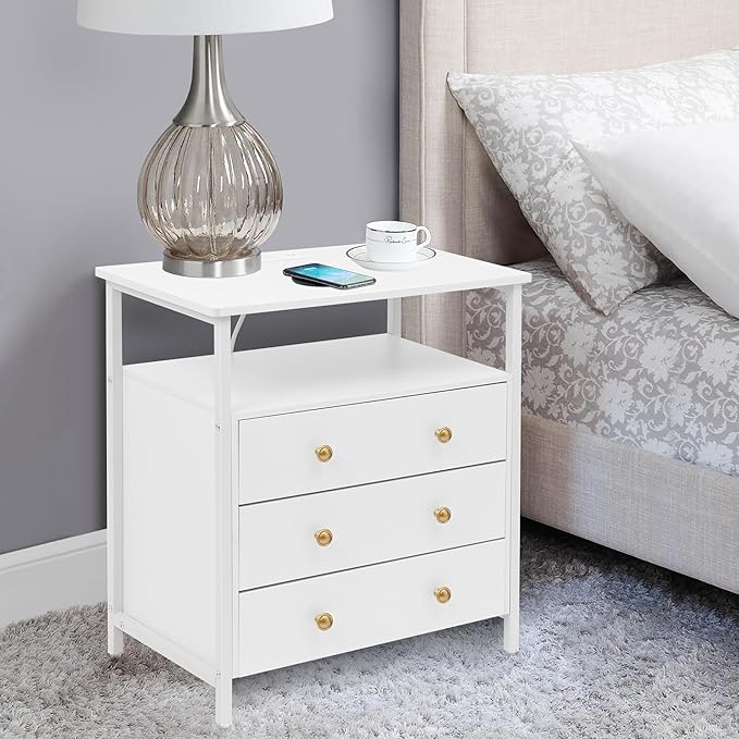 Edbuosy 3 Wooden Drawers Nightstand, 27 Inch Wide Night Stand Set 2 with Charging Station and Adjustable Drawers, Small Dresser for Closet, Bedside Table for Living Room/Bedroom/Office, White.