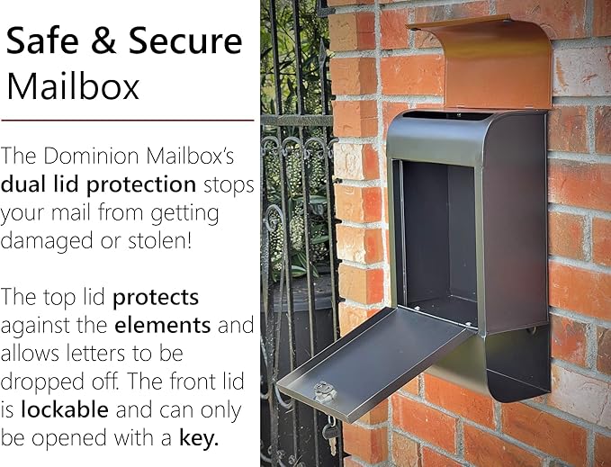 NACH Locking Mailbox, 16 x 4.5 x 10 inch, Black Mailbox with Lock, Waterproof Mailbox Wall Mount - The Dominion Lockable Mailbox