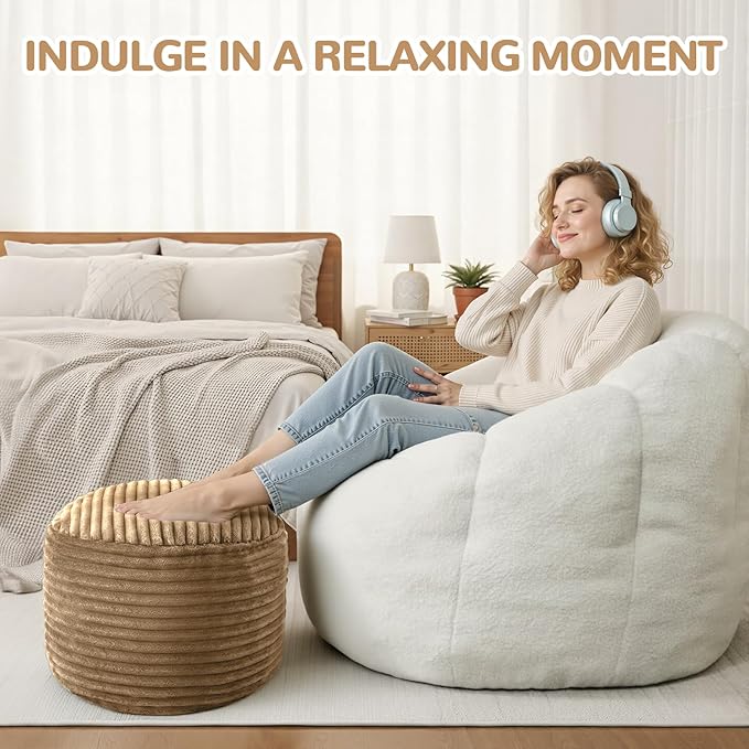 MeMoreCool Stuffed Round Pouf Ottoman Foot Rest, Soft Plush Floor Pouf Foot Stool, Corduray Footstool Footrest, Small Round Ottoman for Living Room Couch Sofa Chair, 20x15 Inch Coffee