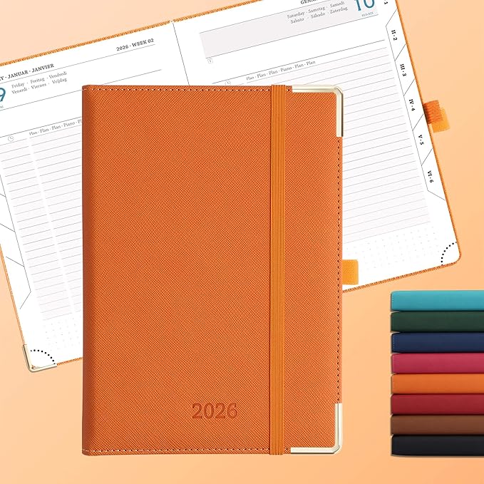 IN-LUXPRO Daily Planner 2026 with One Page Per Day,(A5-8.5" x 5.9"),12 Months Calendar Hourly Appointment Book Monthly Tabs & Self-adhesive Pen Holder,Inner Pocket, Vegan Leather Hardback,Orange