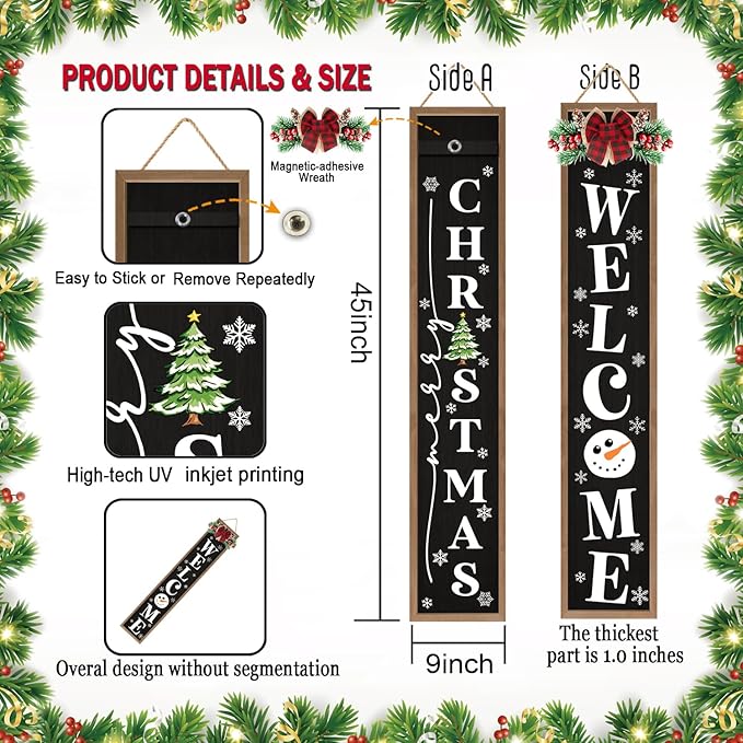Double-sided Merry Christmas Wooden Sign Stand with Magnetic-adhesive Wreath for Front Door, 47" Farmhouse Vertical Snowman Welcome Porch Sign, 2in1 Tall Xmas Porch Leaner Decor