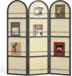 Rattan Room Divider with Built-in Bookshelf | Foldable Privacy Screen & Portable Partition for Home Office, Bedroom, Reading Nook | Wooden Frame, Freestanding Design (Black-Rattan)