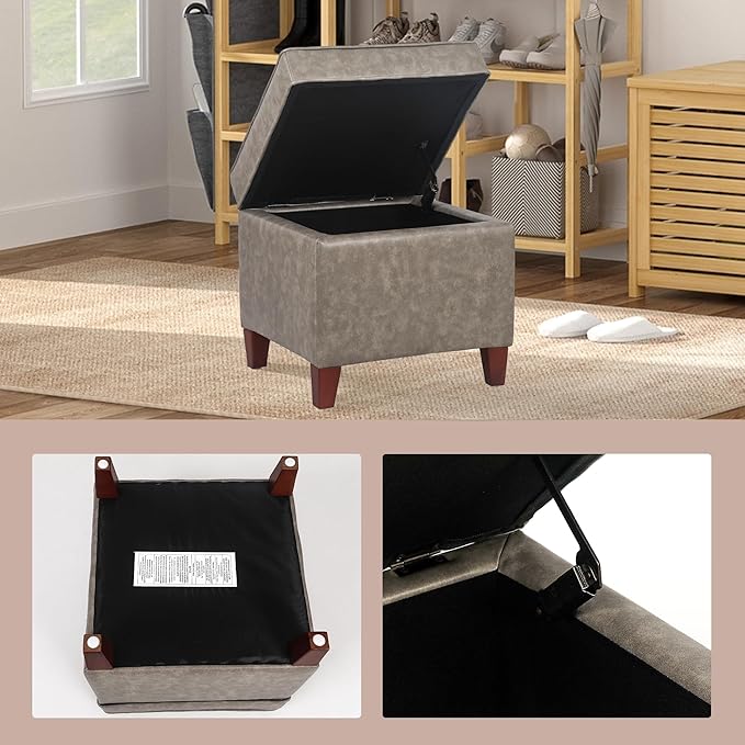 Asense Square Storage Ottoman Faux Leather Upholstered Footrest Footstool with Wooden Legs, Grey