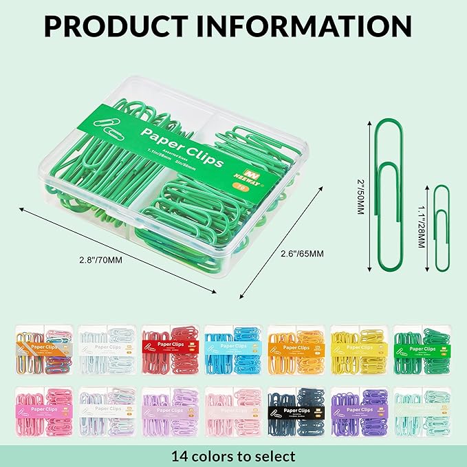 NEEWAY Colorful Paper Clips Assorted Sizes, Small and Large Paperclips, 210 Count, 3 Pack of 70 (Green)