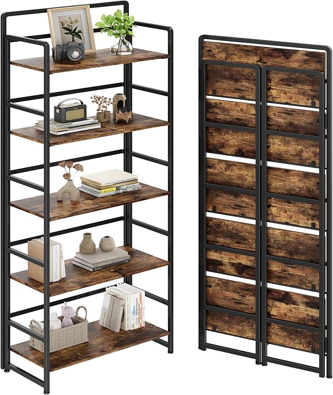 THKKY No Assembly Folding Bookshelf, 5 Tiers Collapsible Book Shelf for Home Office, Vintage Wood Foldable Bookcase Storage Organizer for Living Room Bedroom (Rustic Brown)